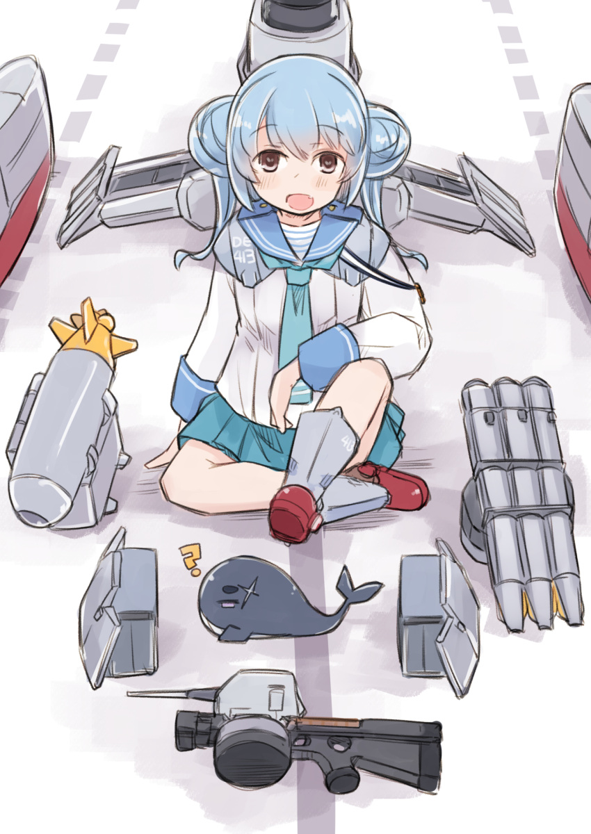 1girl aqua_neckerchief aqua_skirt blue_hair blue_sailor_collar dixie_cup_hat double_bun enjaku_izuku equipment_layout gun hair_bun hat highres kantai_collection knolling little_blue_whale_(kancolle) long_sleeves machinery military_hat neckerchief pleated_skirt sailor_collar samuel_b._roberts_(kancolle) school_uniform serafuku shirt short_hair sitting skirt sleeve_cuffs solo torpedo torpedo_launcher twintails weapon whale white_shirt yellow_eyes