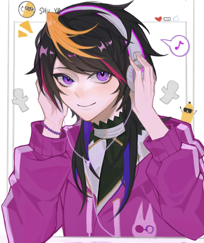 1boy black_hair blonde_hair bracelet cooltg2 eighth_note hands_on_headphones hands_up headphones highres hood hoodie jewelry listening_to_music long_sleeves male_focus medium_hair multicolored_clothes multicolored_hair musical_note nijisanji nijisanji_en pink_hair purple_hair purple_hoodie shu_yamino solo violet_eyes virtual_youtuber yaminion_(shu_yamino)