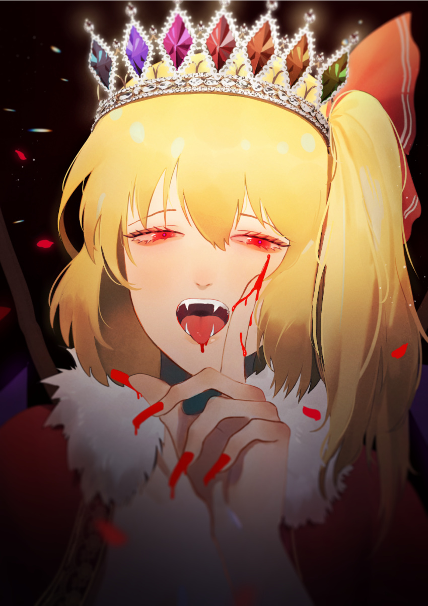 1girl alternate_headwear b_(bbm) bangs black_background blonde_hair cape confetti crown crystal fang fangs fingernails flandre_scarlet hair_between_eyes hair_ribbon hand_up highres jewelry light long_fingernails looking_at_viewer nail_polish one_side_up open_clothes open_mouth petals pointing red_cape red_eyes red_nails red_ribbon ribbon short_hair short_sleeves simple_background solo teeth tongue touhou upper_body wings