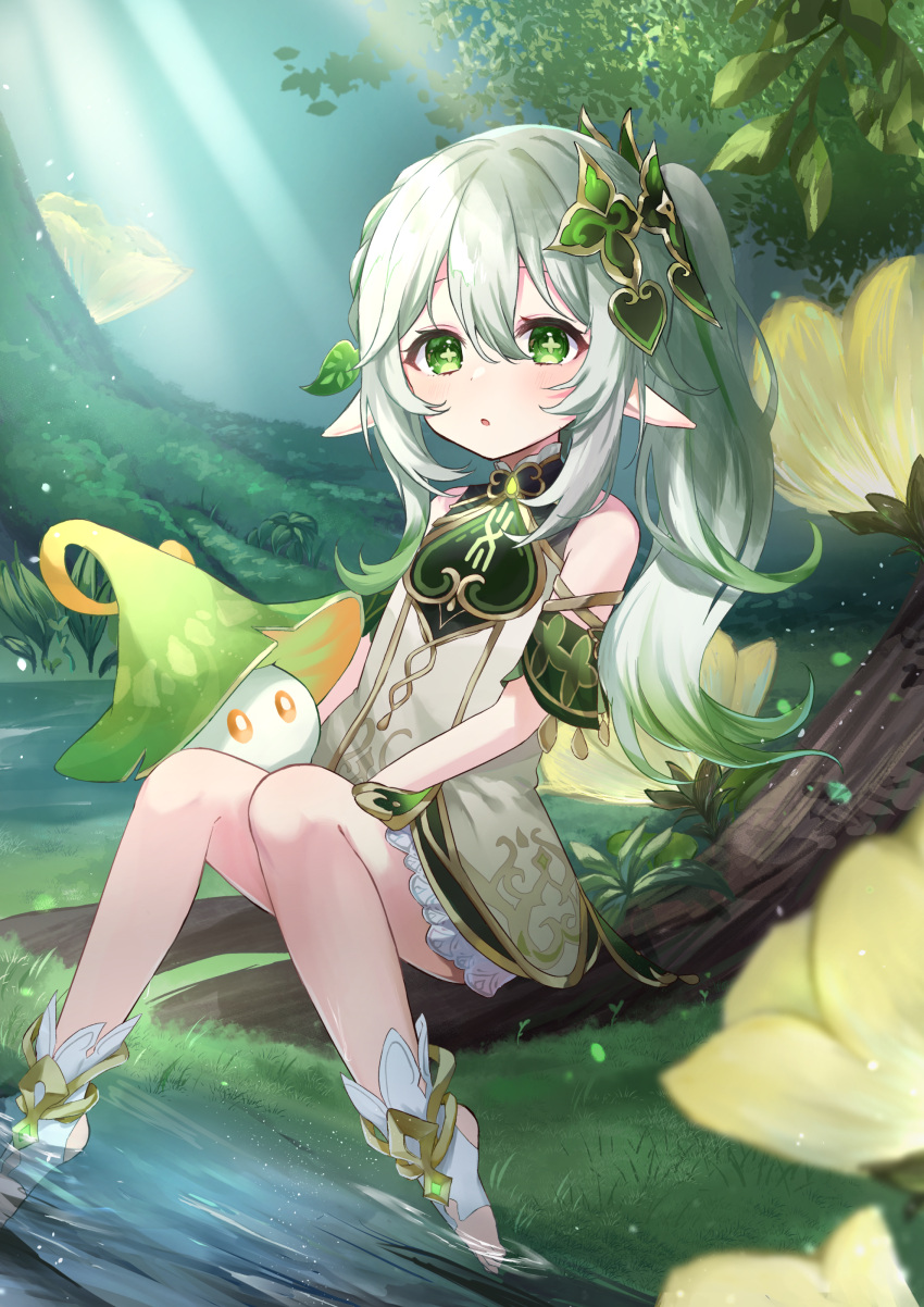 1girl :o absurdres ayatsuki_hina bangs bloomers blush braid commentary cross-shaped_pupils day detached_sleeves dress eyelashes flower forest french_braid fungi_(genshin_impact) gem genshin_impact gold_trim gradient_hair grass green_eyes green_hair green_sleeves hair_between_eyes hair_ornament highres knees_up leaf_hair_ornament light_rays long_hair looking_at_viewer multicolored_hair nahida_(genshin_impact) nature outdoors parted_lips plant pointy_ears ponytail short_sleeves side_ponytail sidelocks single_braid sitting sleeveless sleeveless_dress soaking_feet solo sunlight symbol-shaped_pupils tree underwear water white_bloomers white_hair yellow_flower