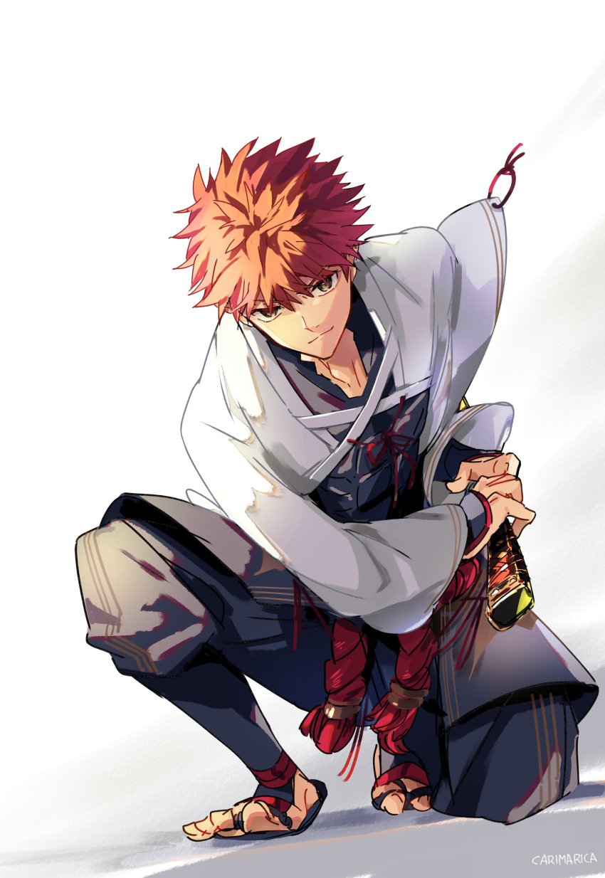 1boy absurdres black_pants cape carimarica closed_mouth emiya_shirou fate/grand_order fate/stay_night fate_(series) highres katana long_sleeves looking_at_viewer orange_eyes orange_hair pants sandals senji_muramasa_(fate) sitting smile solo sword weapon white_background white_cape