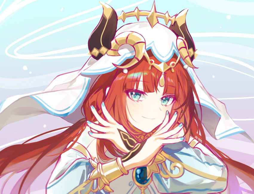 1girl arabian_clothes bangs bare_shoulders blue_gemstone blue_nails blunt_bangs blush breasts brooch closed_mouth commentary_request curled_horns detached_sleeves eyelashes forehead_jewel gem genshin_impact gold_trim hand_up harem_outfit headdress highres horns jewelry long_hair long_sleeves looking_at_viewer nail_polish necklace nilou_(genshin_impact) puffy_long_sleeves puffy_sleeves redhead smile solo sp0i0ppp upper_body veil x_arms