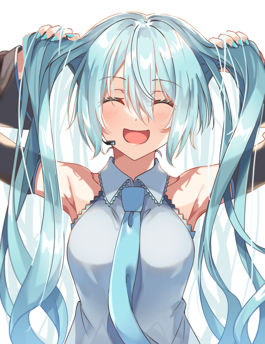 1girl aqua_hair aqua_nails aqua_necktie bangs bare_shoulders breasts closed_eyes collared_shirt detached_sleeves grey_shirt hair_between_eyes hatsune_miku highres hiiragi_kifuyu holding holding_hair lace-trimmed_shirt lace_trim light_blush long_bangs long_hair medium_breasts microphone necktie open_mouth shirt simple_background sleeveless sleeveless_shirt smile solo twintails upper_body very_long_hair vocaloid wavy_hair white_background