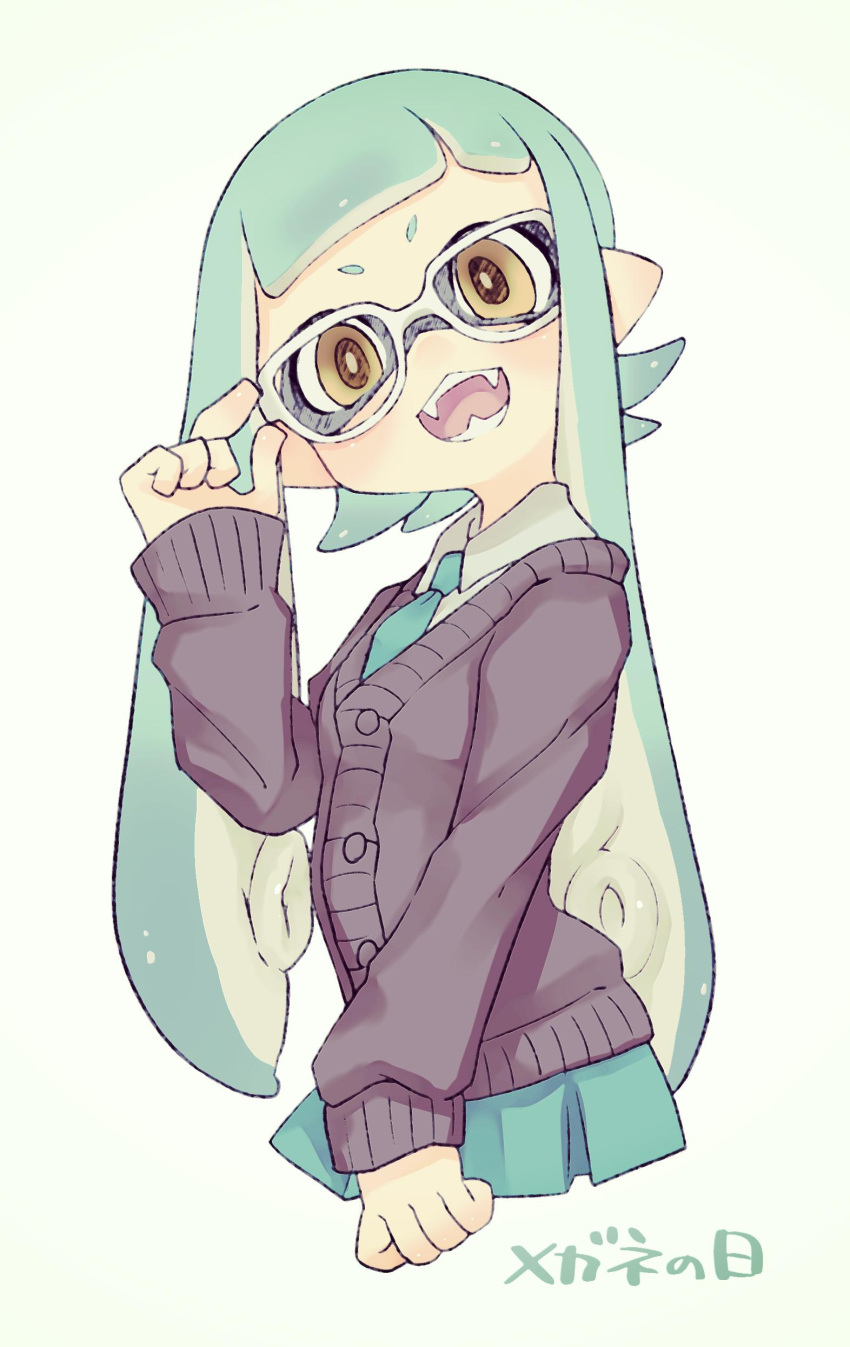 1girl :d absurdres adjusting_eyewear aqua_hair aqua_necktie aqua_skirt cardigan collared_shirt fangs glasses glasses_day grey_cardigan hand_up head_tilt highres inkling inkling_girl long_hair looking_at_viewer miniskirt necktie pleated_skirt pointy_ears puchiman shirt simple_background skirt sleeves_past_wrists smile solo splatoon_(series) suction_cups teeth tentacle_hair white-framed_eyewear white_background white_shirt yellow_eyes