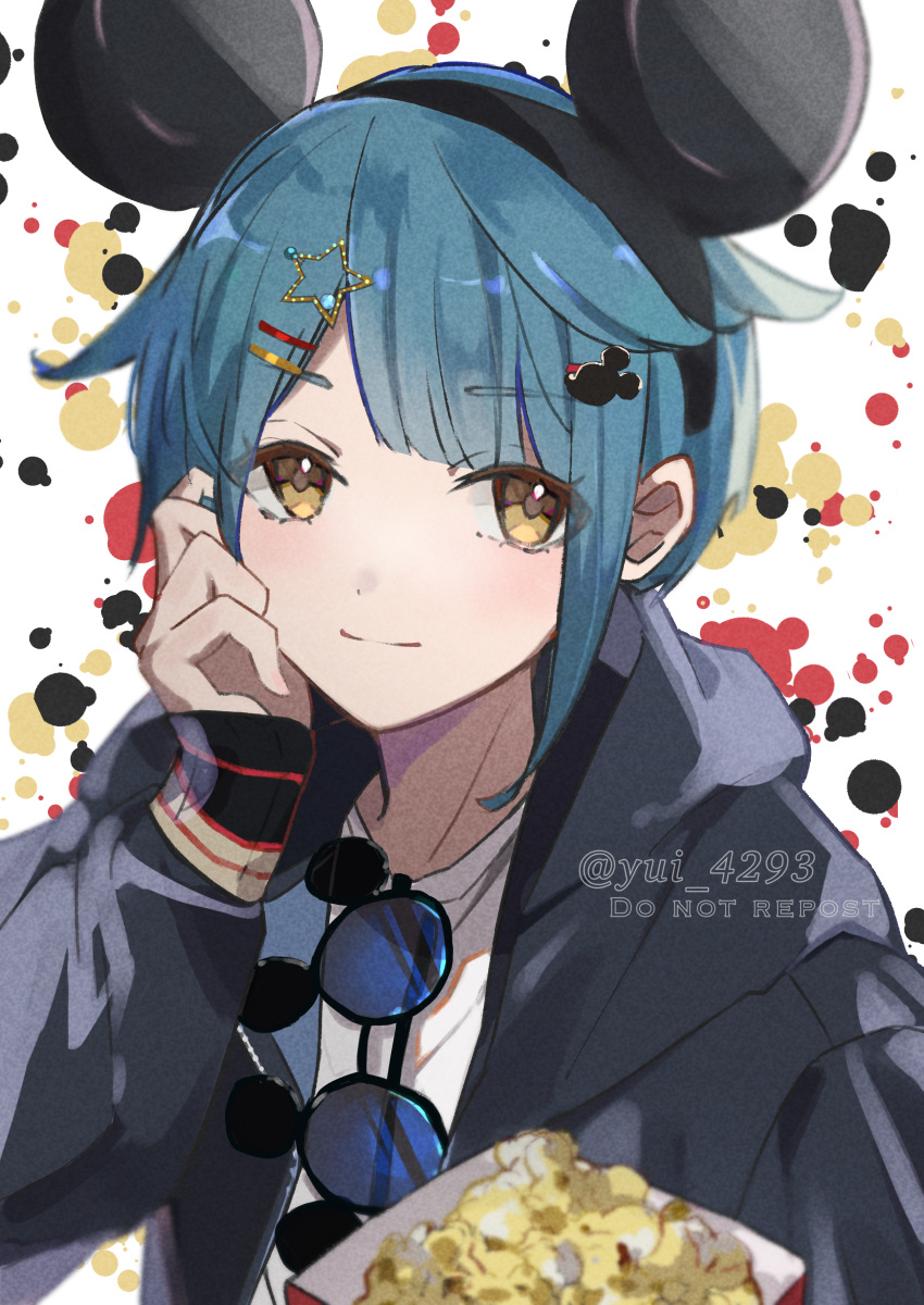 1boy absurdres androgynous black_hoodie blue_hair brown_eyes closed_mouth genshin_impact head_rest highres hood hood_down hoodie long_sleeves looking_at_viewer male_focus mickey_mouse_ears shirt short_hair smile solo sunglasses white_background white_shirt xingqiu_(genshin_impact) yui_4293