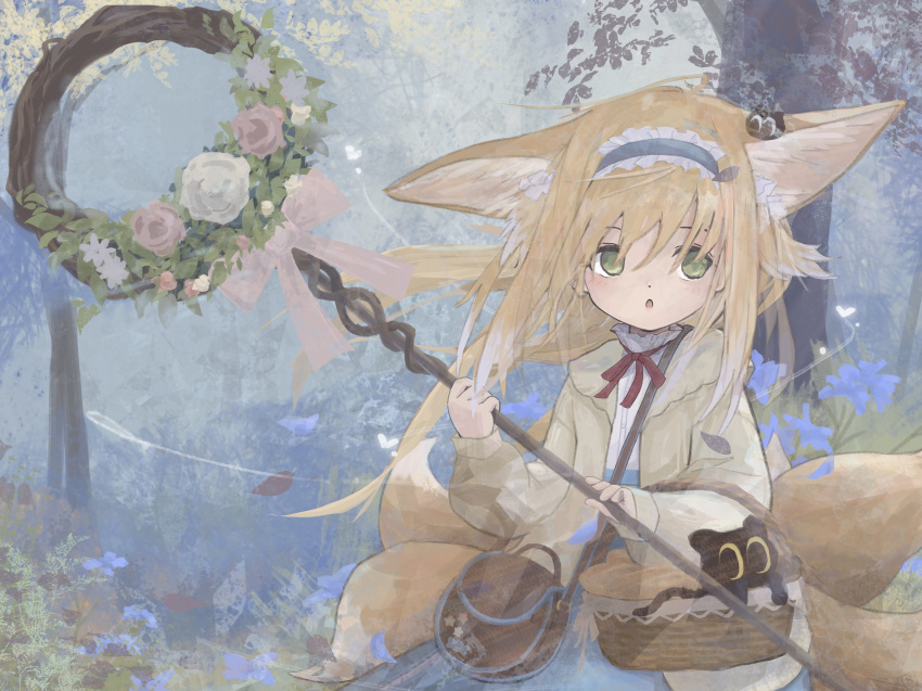 :o absurdres animal_ears arknights bag basket black_cat blonde_hair blue_hairband blue_skirt brown_bag cardigan cat extra_ears floating_hair flower fox_ears fox_girl fox_tail green_eyes hair_down hairband highres holding holding_basket kitsune long_hair long_sleeves looking_at_viewer luoxiaohei mani_tamlyn multiple_tails neck official_alternate_costume open_cardigan open_clothes pink_flower red_ribbon ribbon satchel shirt shoulder_bag skirt suzuran_(arknights) suzuran_(spring_praise)_(arknights) tail the_legend_of_luo_xiaohei tree white_flower white_shirt yellow_cardigan