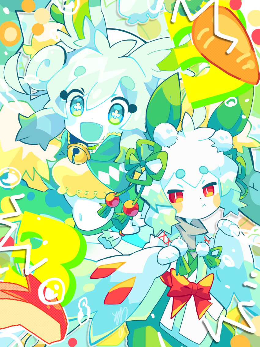 1boy 1girl :&lt; :d animal_ears aqua_eyes bell blush_stickers carrot closed_mouth clover-shaped_pupils colored_skin gradient_hair green_theme highres japanese_clothes light_green_hair looking_at_viewer midriff multicolored_hair open_mouth original rabbit_boy rabbit_ears rabbit_girl red_eyes smile sowao. symbol-shaped_pupils v-shaped_eyebrows white_hair white_skin