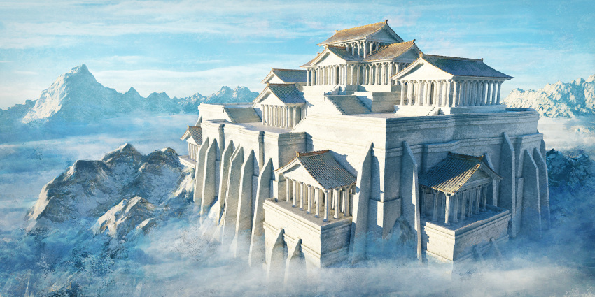 absurdres architecture blue_sky building clouds day fantasy greco-roman_architecture highres hisamesy mountain no_humans original outdoors pillar scenery sky wall