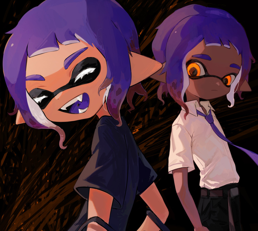 bangs black_pants black_shirt closed_eyes closed_mouth dark-skinned_female dark_skin fangs highres inkling inkling_girl kumo_(kumo_hsc0216) necktie open_mouth orange_eyes pants pointy_ears purple_hair purple_necktie shirt short_hair short_sleeves simple_background splatoon_(series) tentacle_hair upper_body white_shirt