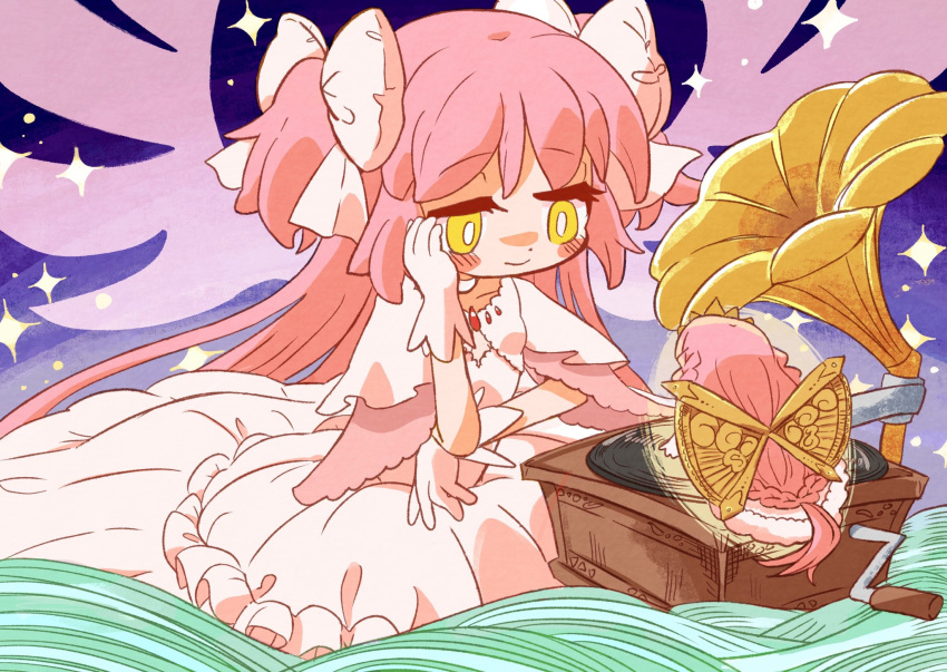 2girls absurdly_long_hair bangs blush_stickers bow braid choker cropped_jacket crown dress frilled_dress frills fur-trimmed_dress fur_trim gloves goddess_madoka golden_wings hair_bow head_rest highres infinite_iroha jacket kaname_madoka layered_dress layered_sleeves leon0510 long_hair looking_at_another low_neckline low_ponytail magia_record:_mahou_shoujo_madoka_magica_gaiden mahou_shoujo_madoka_magica multiple_girls phonograph pink_gemstone pink_hair pink_wings sad_smile short_sleeves side_braids sidelocks size_difference sparkle swept_bangs tamaki_iroha two_side_up very_long_hair white_bow white_choker white_dress white_gloves white_jacket wide_sleeves wings yellow_eyes