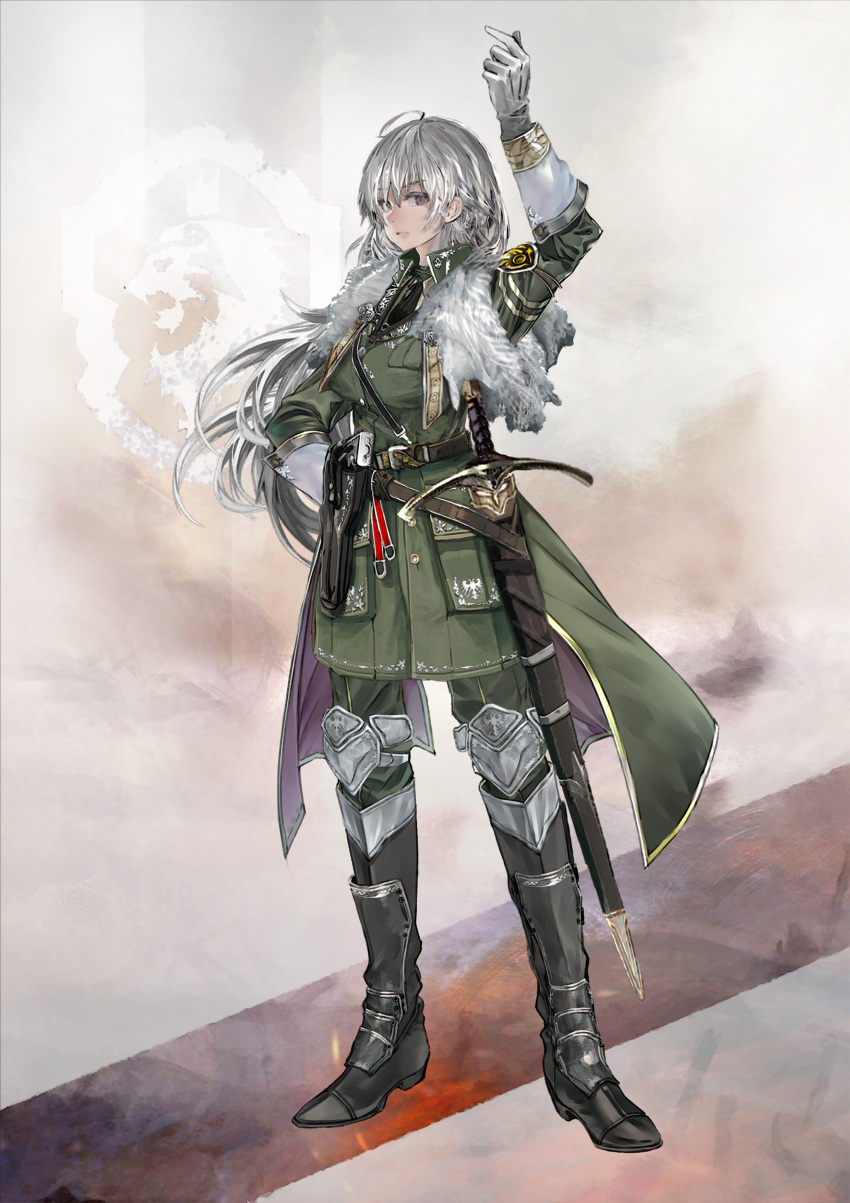 1girl absurdres ahoge arm_up armor bodevarc boots brown_eyes commentary_request emblem full_body fur_collar gloves gold_trim green_jacket grey_hair gun hand_on_hip highres holster holstered_weapon jacket long_hair looking_at_viewer military military_uniform mixed-language_commentary necktie original sheath sheathed solo standing sword uniform weapon white_gloves