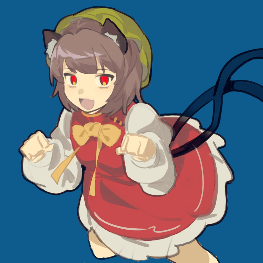 1girl :d animal_ear_fluff animal_ears bangs blue_background brown_hair cat_ears cat_tail chen fang hands_up hat highres juliet_sleeves long_sleeves looking_at_viewer multiple_tails nekomata ntii paw_pose puffy_sleeves simple_background skin_fang smile solo tail touhou