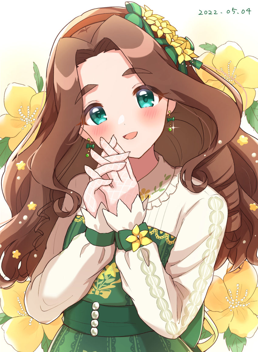 1girl blue_eyes breasts brown_hair brown_hairband dated dress earrings flower gloves green_dress hair_flower hair_ornament hairband highres idolmaster idolmaster_cinderella_girls jewelry kahiika kusakabe_wakaba lace lace_gloves long_hair long_sleeves own_hands_together small_breasts solo upper_body yellow_flower