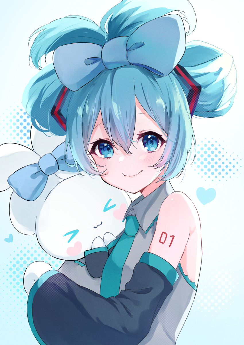 &gt;_&lt; 1girl :3 absurdres aqua_eyes aqua_hair aqua_necktie arm_tattoo ayatsuki_hina bangs bare_shoulders black_sleeves blue_background blue_bow blush blush_stickers bow cinnamiku cinnamoroll closed_mouth collared_shirt commentary_request detached_sleeves ear_bow eyelashes gradient gradient_background grey_shirt hair_between_eyes hair_bow hatsune_miku highres long_hair long_sleeves looking_at_viewer necktie number_tattoo rabbit sanrio shirt sidelocks sleeveless sleeveless_shirt smile tattoo tied_ears updo upper_body vocaloid white_background wing_collar