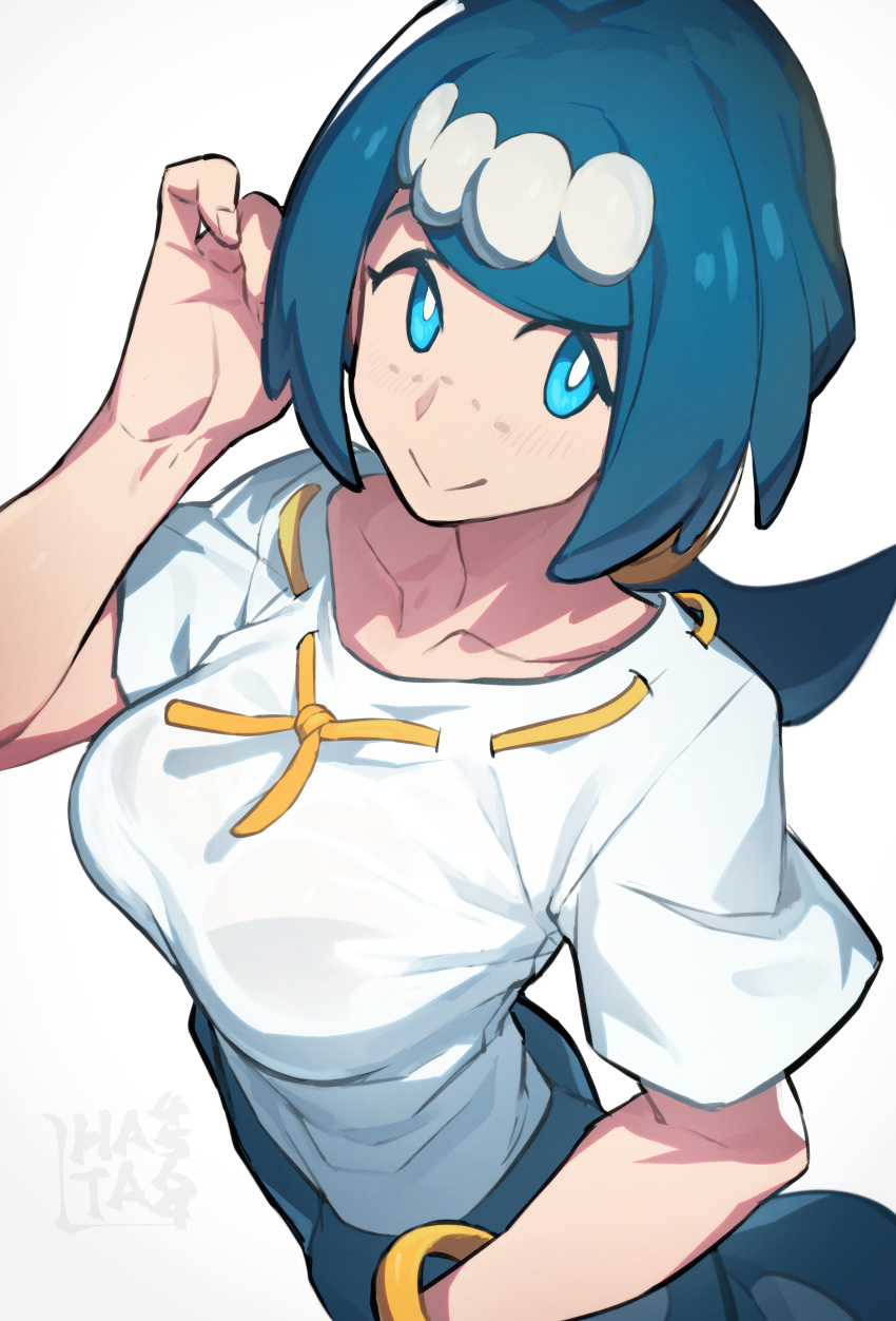 1girl absurdres artist_logo bangs blue_eyes blue_hair blue_pants breasts bright_pupils collarbone freckles hair_ornament hand_up hata4564 highres hoop lana's_mother_(pokemon) large_breasts looking_at_viewer mature_female medium_hair no_sclera pants pokemon pokemon_(anime) pokemon_sm_(anime) shirt short_sleeves simple_background smile solo swept_bangs white_background white_pupils white_shirt