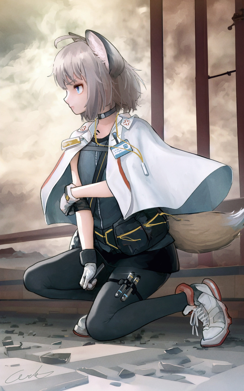 1girl absurdres ahoge animal_ear_fluff arknights belt belt_pouch black_choker black_pantyhose black_skirt blue_eyes choker fox_girl fox_tail full_body gloves grey_hair highres holding id_card miniskirt one_knee oripathy_lesion_(arknights) pantyhose pouch shoes short_hair signature skirt sneakers solo sussurro_(arknights) tail test_tube thigh_strap v-shaped_eyebrows welt_(kinsei_koutenkyoku) white_footwear white_gloves