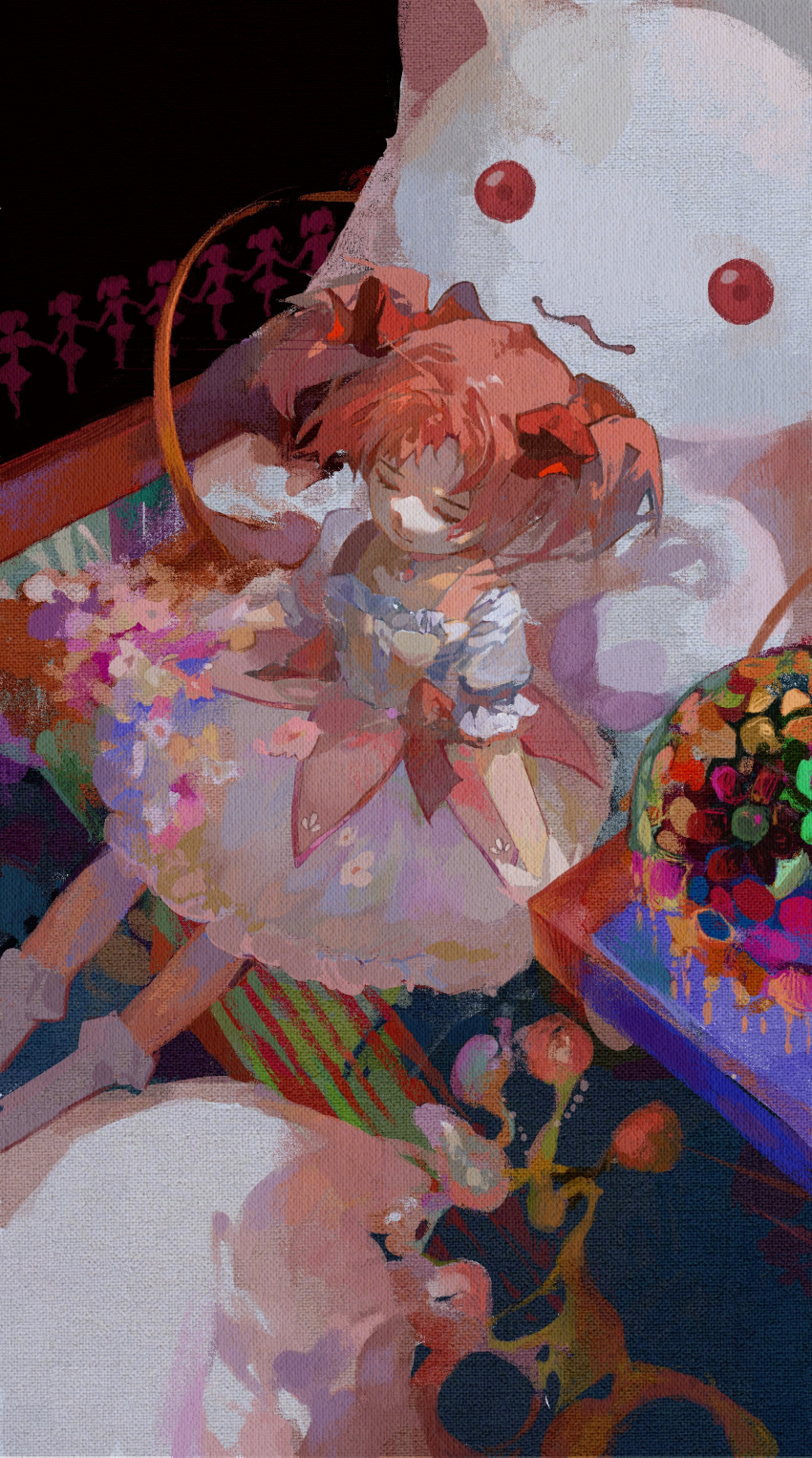 1girl abstract absurdres bangs bow bubble_skirt chinese_commentary closed_eyes commentary_request dog_kalie dress dress_bow dutch_angle faux_traditional_media feet_out_of_frame flower frilled_skirt frilled_socks frills from_above hair_bow highres kaname_madoka kyubey magical_girl mahou_shoujo_madoka_magica painterly parted_bangs pink_dress pink_hair puffy_short_sleeves puffy_sleeves short_hair short_sleeves short_tail sitting skirt smile socks solo white_skirt white_socks