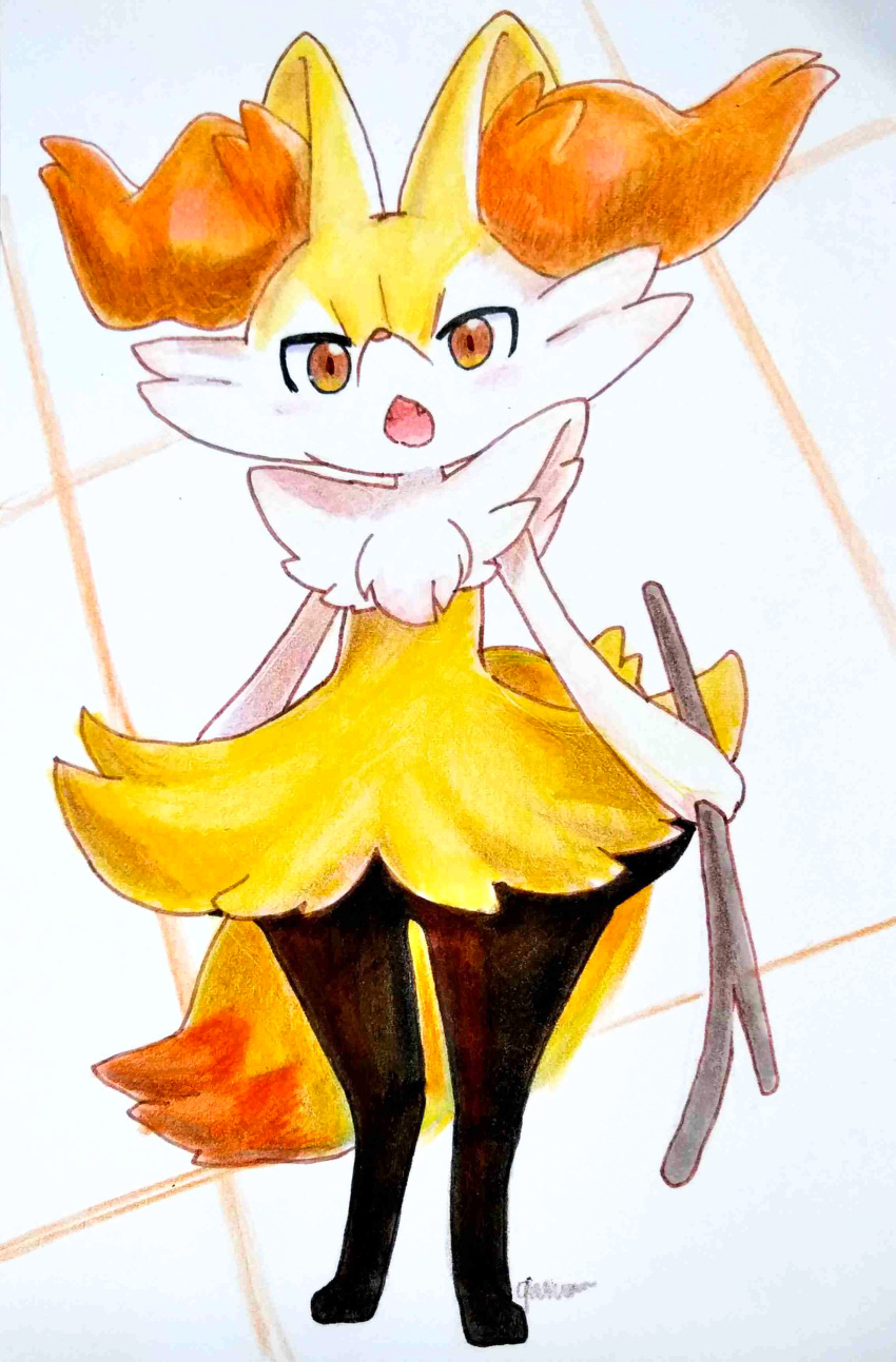 absurdres animal_ear_fluff animal_ears arms_at_sides black_fur braixen digitigrade fangs fox_ears fox_tail full_body gourunn grid_background highres holding holding_stick looking_at_viewer multicolored_fur open_mouth orange_eyes orange_fur pokemon pokemon_(creature) red_nose signature simple_background slit_pupils snout solo standing stick tail traditional_media tsurime white_fur yellow_fur
