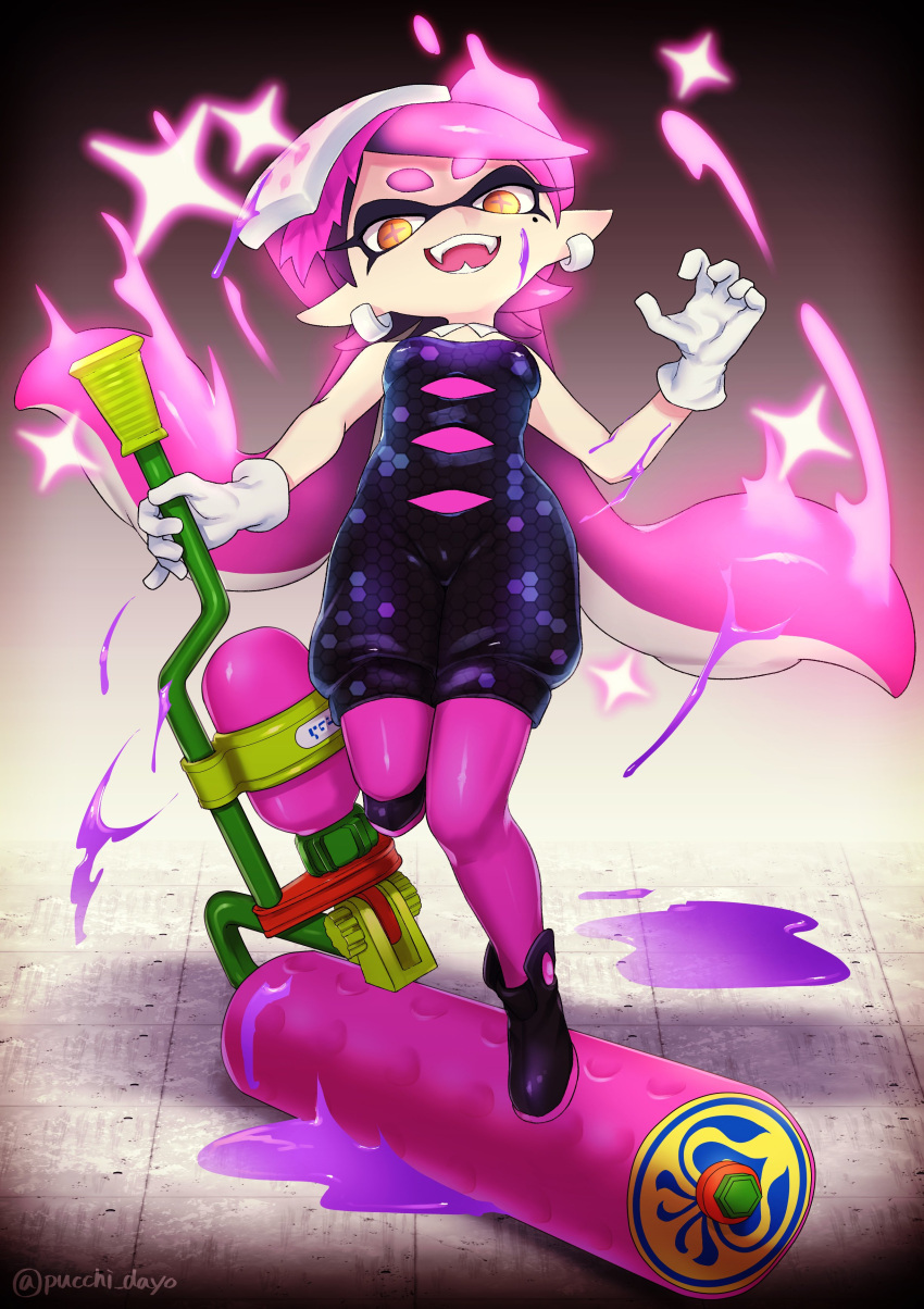 1girl :d absurdres ankle_boots black_footwear boots breasts callie_(splatoon) cross-shaped_pupils detached_collar earrings fangs food food_on_head full_body gloves glowing glowing_hair gradient_hair highres jewelry leg_up long_hair mole mole_under_eye multicolored_hair object_on_head open_mouth paint pantyhose pink_hair pink_pantyhose pointy_ears puchiman purple_hair short_jumpsuit small_breasts smile solo sparkle splat_roller_(splatoon) splatoon_(series) splatoon_1 teeth tentacle_hair twintails twitter_username two-tone_hair white_gloves yellow_eyes
