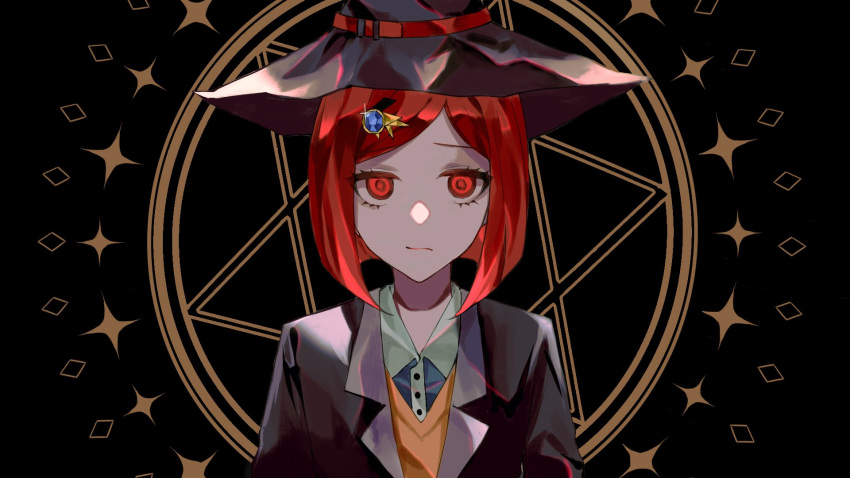 1girl bangs black_background black_headwear black_jacket brown_background brown_vest chu_dong closed_mouth collared_shirt danganronpa_(series) danganronpa_v3:_killing_harmony dress_shirt gem grey_shirt hair_ornament hat hexagram highres jacket looking_at_viewer open_clothes open_jacket red_eyes redhead shiny shiny_clothes shirt short_hair solo star_of_david vest witch_hat yumeno_himiko