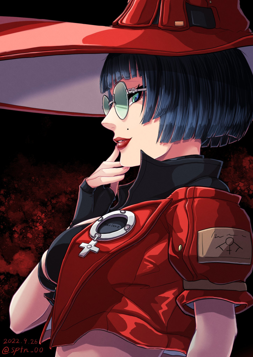 1girl black_gloves black_hair bob_cut cut_bangs dated fingerless_gloves glasses gloves guilty_gear guilty_gear_strive hand_on_own_cheek hand_on_own_face highres i-no jacket lipstick looking_at_viewer makeup midriff mole mole_above_mouth red_jacket red_lips round_eyewear short_hair solo sptn_00 watermark