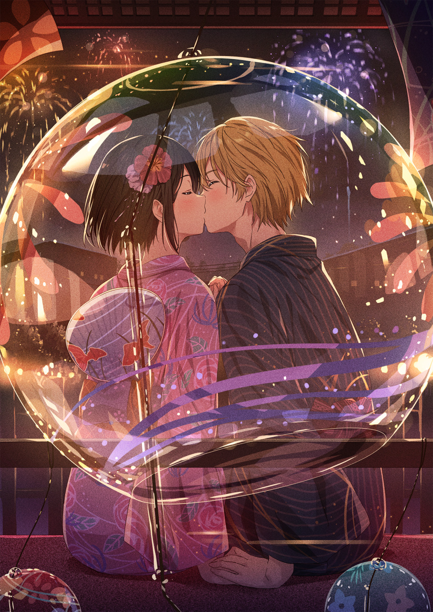 1boy 1girl aerial_fireworks blonde_hair blush brown_hair couple fireworks floral_print flower hair_flower hair_ornament hetero hibiscus highres holding_hands interlocked_fingers japanese_clothes kimono kiss narumi_nanami night night_sky original pink_flower red_flower short_hair sky