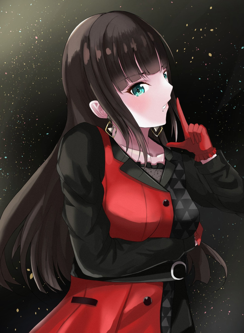 1girl aqua_eyes arm_across_waist bangs black_background black_coat black_hair blunt_bangs coat commentary earrings finger_to_mouth gloves highres jewelry kurosawa_dia light_blush long_hair looking_at_viewer love_live! love_live!_sunshine!! mole mole_under_mouth momouninego official_alternate_costume parted_lips red_coat red_gloves solo two-tone_coat