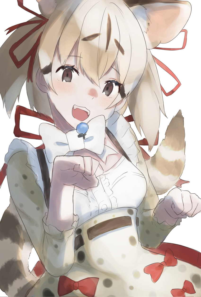 1girl absurdres animal_ear_fluff animal_ears belt bow bowtie brown_eyes brown_hair cat_ears cat_girl cat_tail extra_ears highres kemono_friends kemono_friends_v_project large-spotted_genet_(kemono_friends) long_hair looking_at_viewer microphone open_mouth ribbon shimahai_love shirt simple_background skirt smile solo tail twintails virtual_youtuber
