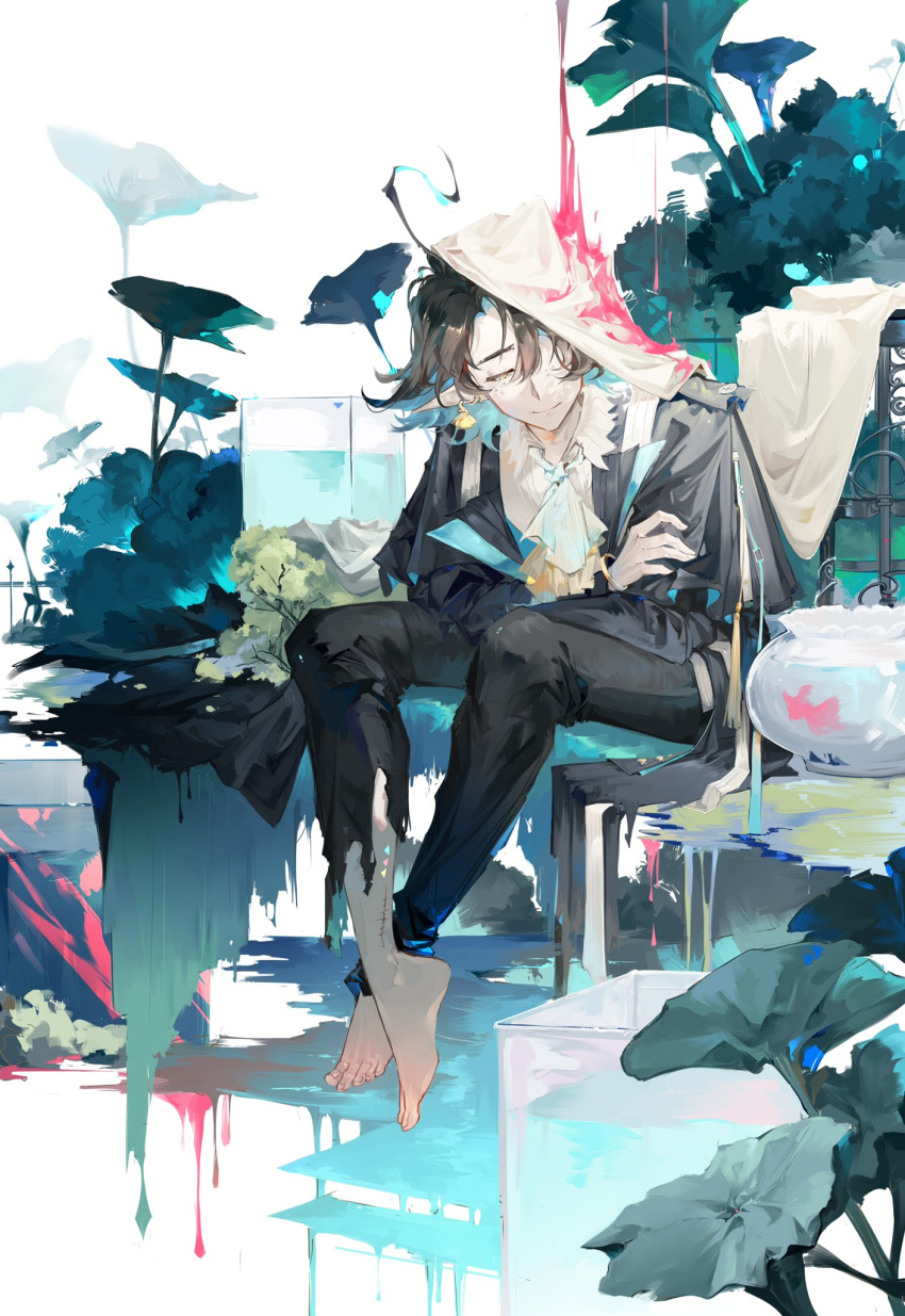 1boy arknights ascot bangs barefoot black_coat black_hair black_pants blue_ascot blue_hair closed_mouth coat collared_shirt commentary dongsheng earrings half-closed_eyes highres jewelry lumen_(arknights) male_focus multicolored_hair pants plant pointy_ears shirt short_hair simple_background sitting smile solo two-tone_hair white_background white_shirt yellow_eyes