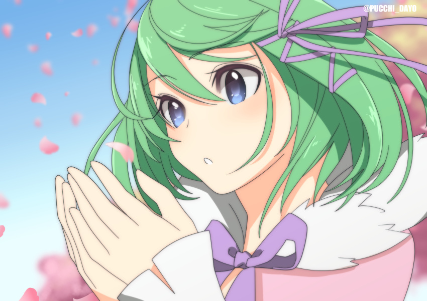 1girl blue_eyes fur_collar green_hair hair_between_eyes hair_ribbon hands_up highres kohaku_(rune_factory) long_sleeves petals puchiman purple_ribbon ribbon rune_factory rune_factory_4 short_hair solo twitter_username upper_body