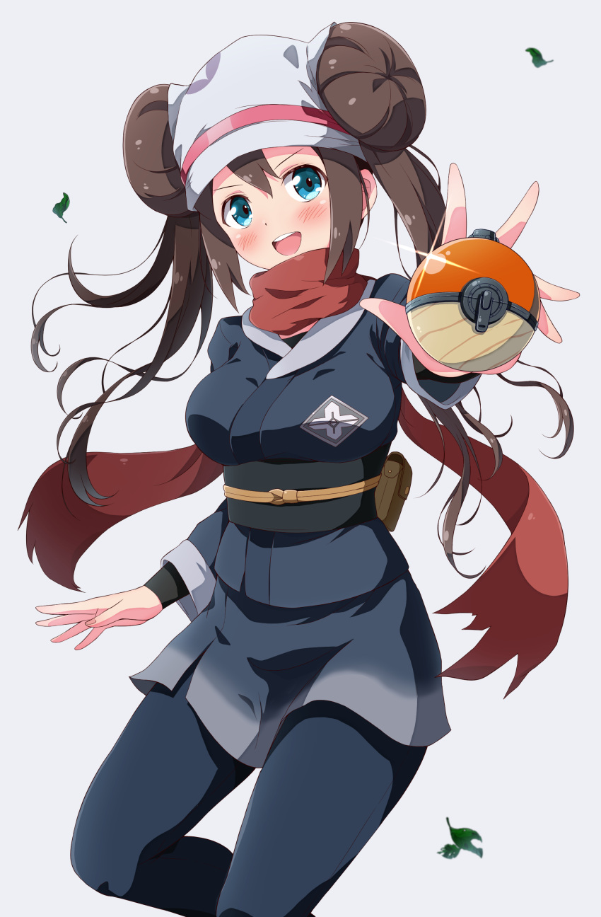 1girl absurdres akari_(pokemon) akari_(pokemon)_(cosplay) aqua_eyes bangs black_pantyhose black_shirt black_skirt breasts brown_hair commentary_request cosplay double_bun eggman_(pixiv28975023) floating_scarf hair_between_eyes hair_bun highres holding holding_poke_ball large_breasts leaf long_sleeves looking_at_viewer ninja open_mouth pantyhose poke_ball poke_ball_(legends) pokemon pokemon_(game) pokemon_bw2 pokemon_legends:_arceus red_scarf revision rosa_(pokemon) scarf shirt simple_background skirt smile solo standing teeth twintails upper_teeth white_background