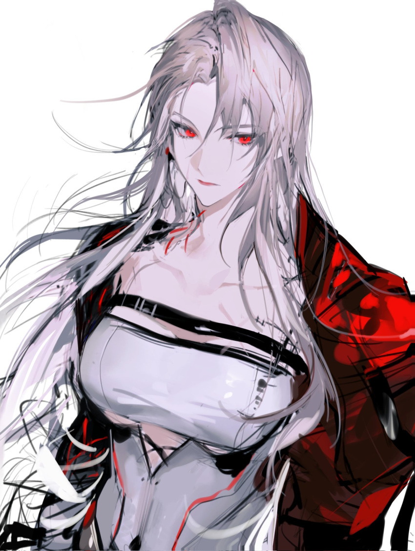 1girl albino belt collarbone earrings expressionless fei45606502 from_above highres jacket jewelry long_hair looking_to_the_side original red_eyes simple_background solo white_background wind