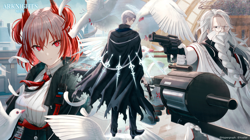 1girl 2boys absurdres andoain_(arknights) animal arknights bangs bear bird black_eyes black_footwear black_jacket black_pants black_skirt braid closed_mouth commentary_request copyright_name feathers fiammetta_(arknights) glass grey_hair gun hair_between_eyes halo handgun high-waist_skirt highres holding holding_gun holding_weapon hyuuga_azuri jacket long_hair long_sleeves multicolored_hair multiple_boys official_art pants red_eyes redhead revolver robe round_eyewear shirt shoes single_braid skirt streaked_hair thick_eyebrows torn_jacket two_side_up v-shaped_eyebrows very_long_hair watermark weapon white_feathers white_hair white_robe white_shirt yvangelista_xi_(arknights)