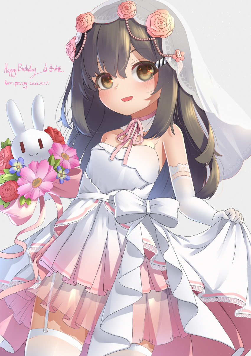 1girl absurdres borrowed_character bouquet brown_eyes brown_hair child dress elbow_gloves female_child flower garter_straps gloves grey_background hair_ornament hairclip happy_birthday highres karv long_hair open_mouth original simple_background skirt_hold smile solo stuffed_toy thigh-highs thighs veil wedding_dress white_dress white_gloves white_thighhighs