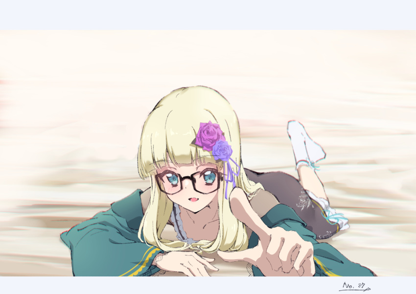 1girl absurdres aikatsu! aikatsu!_(series) aqua_sleeves black-framed_eyewear blonde_hair blue_eyes blue_ribbon blurry border collarbone depth_of_field detached_sleeves flower giep4869 glasses grey_border grey_skirt hair_flower hair_ornament highres index_finger_raised letterboxed long_hair long_sleeves looking_at_viewer lying medium_skirt on_stomach open_mouth print_skirt purple_flower ribbon shiny shiny_hair skirt socks solo toudou_yurika white_socks wide_sleeves