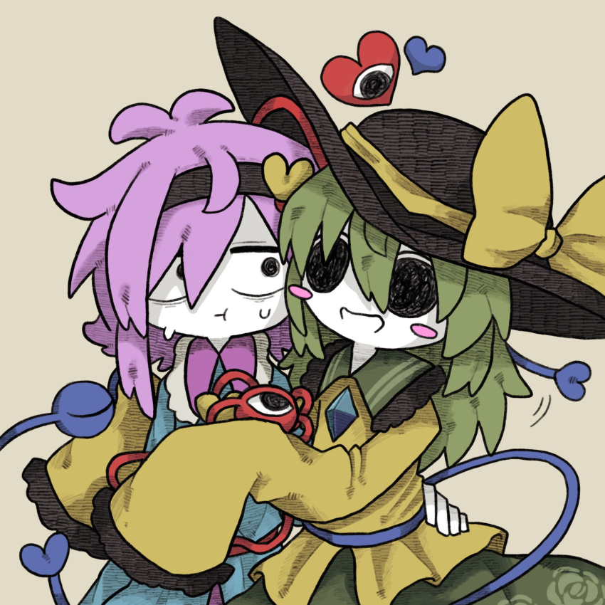 2girls bags_under_eyes black_eyes black_headwear blush buttons cheek-to-cheek diamond_(shape) diamond_button empty_eyes floral_print green_hair green_skirt hair_ornament hands_on_another's_hips hat heads_together heart heart_hair_ornament highres komeiji_koishi komeiji_satori long_sleeves multiple_girls nervous pale_skin pink_hair pink_skirt ribbon rose_print shirt simple_background skirt smile staring sweat sweatdrop third_eye touhou yellow_ribbon zunusama