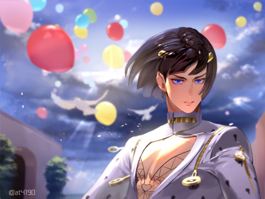 1boy artist_name at4190_(user_vzac7788) balloon bangs black_hair blue_eyes blue_sky blurry blurry_background bruno_buccellati clouds cloudy_sky hair_ornament highres jacket jojo_no_kimyou_na_bouken long_sleeves medium_hair outdoors parted_lips sky solo upper_body vento_aureo white_jacket