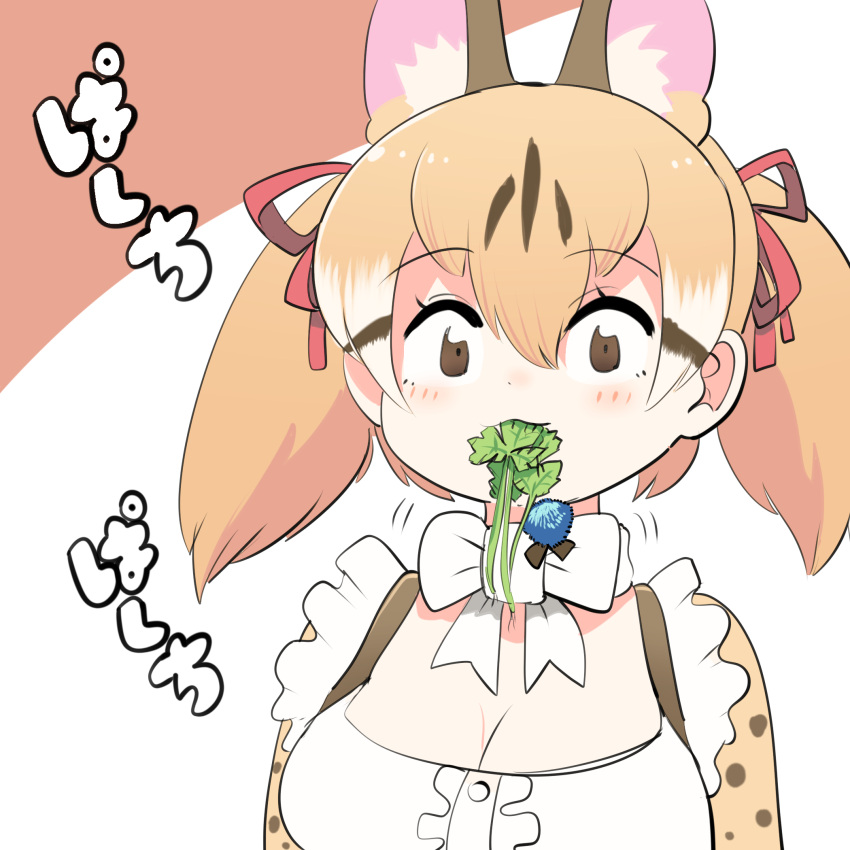 1girl animal_costume animal_ear_fluff animal_ears bow bowtie breasts brown_eyes brown_hair cat_ears cat_girl eating highres kemono_friends kemono_friends_v_project large-spotted_genet_(kemono_friends) large_breasts long_hair looking_at_viewer mcgunngu microphone multicolored_hair ribbon salad shirt simple_background solo twintails virtual_youtuber