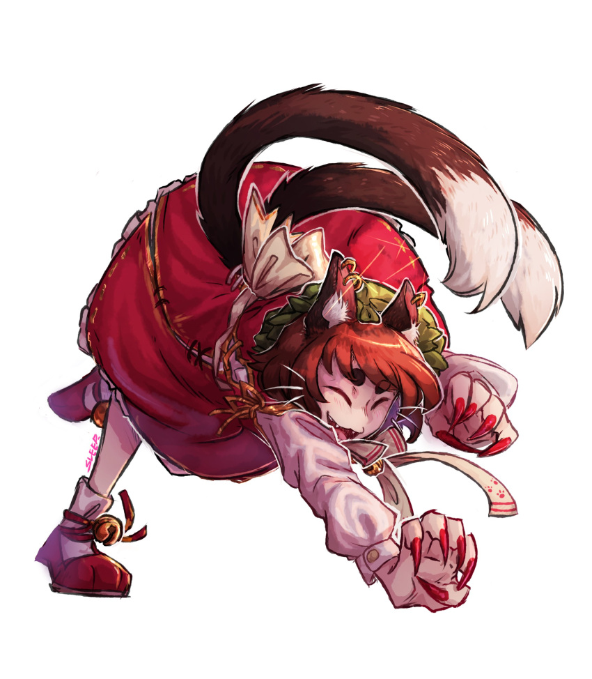 1girl absurdres animal_ears animal_hands cat_ears cat_tail chen claws earrings fingernails hat highres jewelry long_fingernails multiple_tails nail_polish red_nails sharp_fingernails solo tail tapirsono touhou two_tails