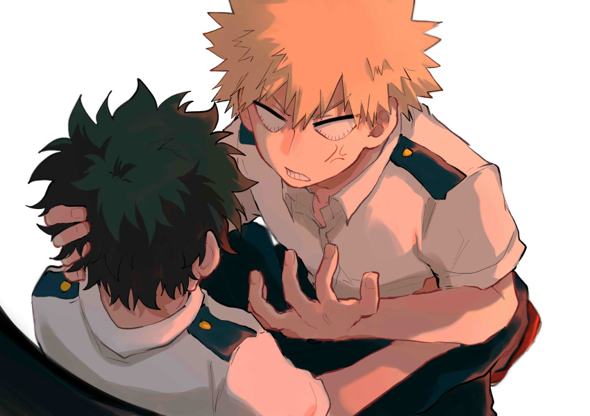 2boys anger_vein angry back bakugou_katsuki bangs black_pants blonde_hair boku_no_hero_academia buttons closed_mouth collarbone collared_shirt dango_(uni_520) english_commentary fingernails green_hair grey_eyes grey_shirt hair_between_eyes hand_on_another's_head hands_up highres looking_at_another midoriya_izuku multiple_boys pants red_footwear shirt shoes short_hair short_sleeves simple_background teeth v-shaped_eyebrows white_background