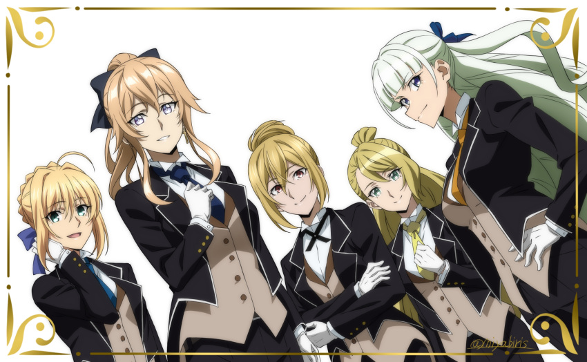 5girls :d ahoge artoria_pendragon_(fate) bangs black_bow black_jacket black_ribbon blonde_hair blue_bow blue_necktie bow braid braided_bun brown_eyes brown_vest character_request closed_mouth crossed_arms dutch_angle fate/stay_night fate_(series) formal framed genshin_impact gloves green_eyes green_hair grey_eyes hair_between_eyes hair_bow hair_bun hand_in_own_hair hand_on_hip high_ponytail highres higuchi_ichiyou_(bungou_stray_dogs) jacket jean_(genshin_impact) light_brown_hair long_hair long_sleeves looking_at_viewer miyabi_mt-b multiple_girls neck_ribbon necktie open_clothes open_jacket open_mouth orange_necktie ribbon saber saint-germain_(symphogear) senki_zesshou_symphogear shiny shiny_hair smile vest white_background white_gloves yellow_necktie