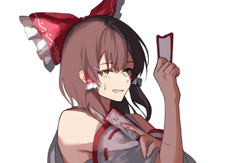 1girl ayura8901 bangs bow brown_eyes brown_hair commentary_request detached_sleeves frilled_bow frilled_hair_tubes frills hair_bow hair_tubes hakurei_reimu highres holding long_sleeves looking_at_viewer nontraditional_miko ofuda open_mouth red_bow simple_background solo sweatdrop touhou upper_body white_background