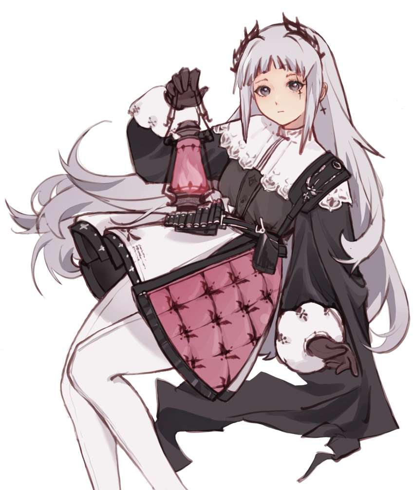 1girl ammunition_belt arknights black_dress black_gloves dress earrings feet_out_of_frame gloves grey_eyes grey_hair head_wings highres holster irene_(arknights) jewelry long_hair long_sleeves looking_at_viewer multicolored_clothes multicolored_dress nanqinxuelinaixi pantyhose pink_dress scar scar_across_eye simple_background solo very_long_hair white_background white_dress white_pantyhose