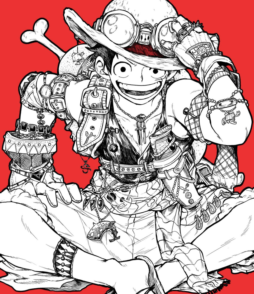1boy commentary commentary_request crossed_legs gloves goggles goggles_on_headwear grin hand_on_headwear hand_on_own_thigh hat highres looking_at_viewer lower_teeth male_focus monkey_d._luffy on_floor one_piece open_mouth red_background scar short_hair simple_background sitting smile symbol-only_commentary teeth toned toned_male upper_teeth yotsumi_shiro