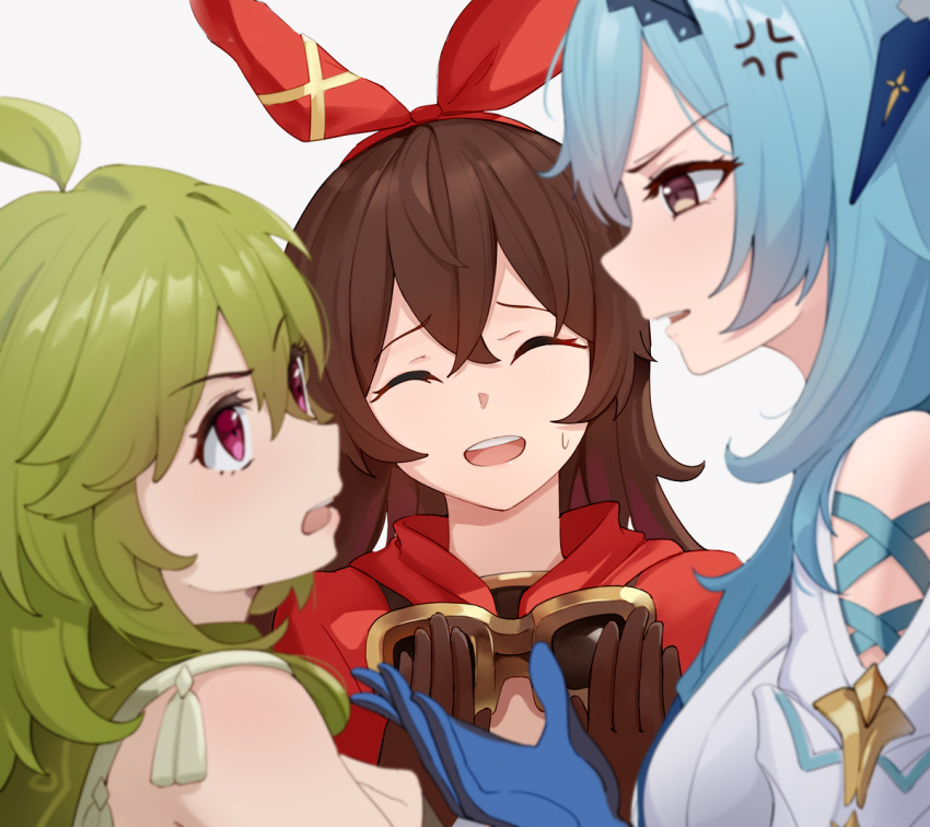 3girls ^_^ ^o^ ahoge amber_(genshin_impact) amco anger_vein angry bangs black_hairband blue_hair brown_eyes brown_hair capelet closed_eyes clothing_cutout collei_(genshin_impact) cross-laced_clothes crossed_bangs eula_(genshin_impact) face-to-face genshin_impact goggles goggles_around_neck green_capelet green_hair hairband hands_up jacket looking_at_another love_triangle multiple_girls open_mouth parted_lips raised_eyebrows red_jacket shoulder_cutout simple_background sweatdrop upper_body v-shaped_eyebrows violet_eyes white_background yuri