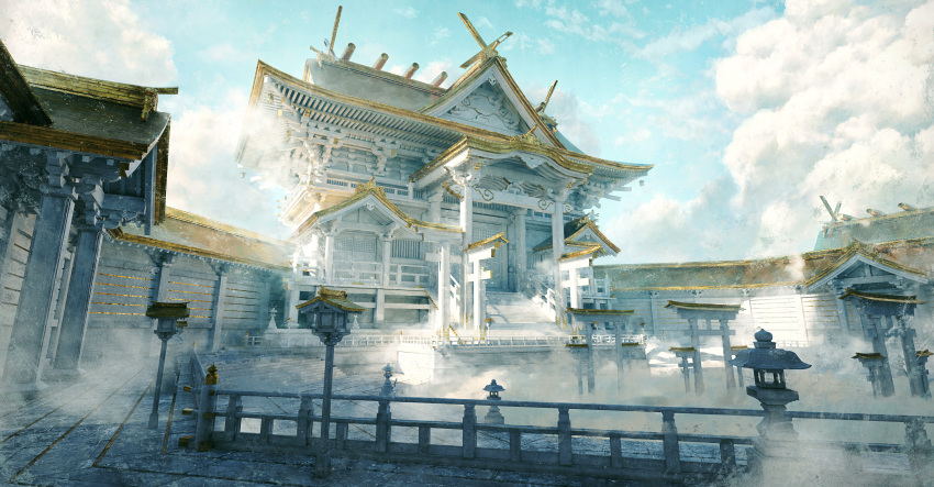 absurdres architecture blue_sky building clouds cloudy_sky day east_asian_architecture fog gold_trim highres hisamesy no_humans original outdoors railing scenery shrine sky stairs stone_lantern