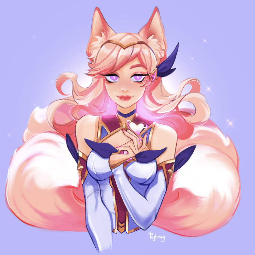 1girl ahri_(league_of_legends) animal_ears artist_name bangs bare_shoulders blonde_hair blue_ribbon breasts choker cropped_torso detached_sleeves fox_ears fox_girl fox_tail gem hair_ornament hair_ribbon highres large_breasts league_of_legends long_hair looking_at_viewer peghmey pink_eyes purple_choker ribbon smile sparkle star_guardian_(league_of_legends) star_guardian_ahri tail upper_body white_sleeves