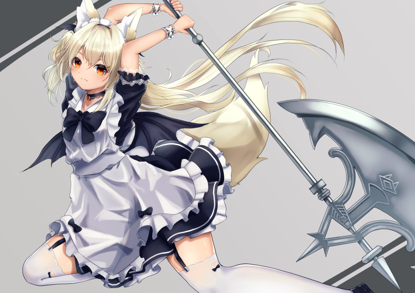 1girl absurdres animal_ear_fluff animal_ears apron bangs black_bow black_dress black_footwear black_wings blonde_hair bow closed_mouth demon_wings dress fang fang_out feet_out_of_frame fox_ears fox_girl fox_tail frilled_apron frilled_dress frills garter_straps grey_background hair_between_eyes hair_intakes halberd heart highres hinata_(user_rjkt4745) holding holding_polearm holding_weapon long_hair looking_at_viewer maid maid_apron maid_headdress original polearm puffy_short_sleeves puffy_sleeves red_eyes shoes short_sleeves smile solo tail thigh-highs very_long_hair weapon white_apron white_thighhighs wings wrist_cuffs