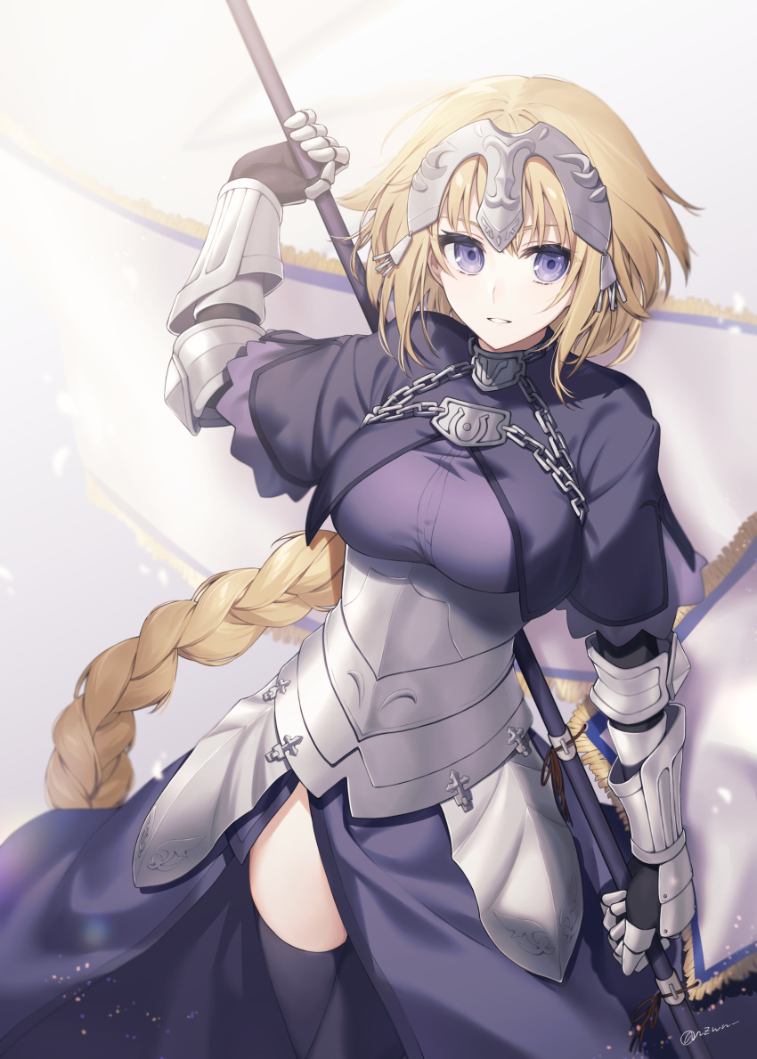 1girl absurdres armor armored_dress black_thighhighs blonde_hair braid breasts chain fate/apocrypha fate/grand_order fate_(series) faulds flag gauntlets headpiece highres holding holding_flag jeanne_d'arc_(fate) jeanne_d'arc_(ruler)_(fate) large_breasts long_braid long_hair machi_futo plackart single_braid solo standard_bearer thigh-highs very_long_hair violet_eyes