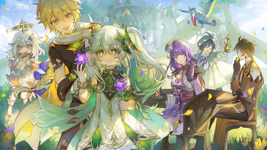 3boys 3girls :d ^_^ aether_(genshin_impact) ahoge armor beret bird black_gloves blonde_hair blue_eyes braid brown_hair cape chair closed_eyes closed_mouth collared_cape colored_tips commentary_request crop_top cup dress earrings falling_petals female_child floating flower flower-shaped_pupils food genshin_impact gloves gold_trim gradient_hair green_cape green_eyes green_hair green_headwear hair_ornament hat highres holding holding_cup holding_flower holding_food japanese_clothes jewelry kimono laoyepo long_hair long_sleeves looking_at_viewer low_ponytail mechanical_halo multicolored_hair multiple_boys multiple_girls nahida_(genshin_impact) obi obiage obijime open_mouth paimon_(genshin_impact) pauldrons petals pointy_ears purple_hair purple_kimono raiden_shogun sash scarf shoulder_armor shrug_(clothing) side_ponytail sidelocks single_earring single_pauldron sitting sleeveless sleeveless_dress smile standing sumeru_rose_(geshin_impact) symbol-shaped_pupils tassel tassel_earrings toucan twin_braids venti_(genshin_impact) violet_eyes white_hair white_scarf wide_sleeves yellow_eyes zhongli_(genshin_impact)